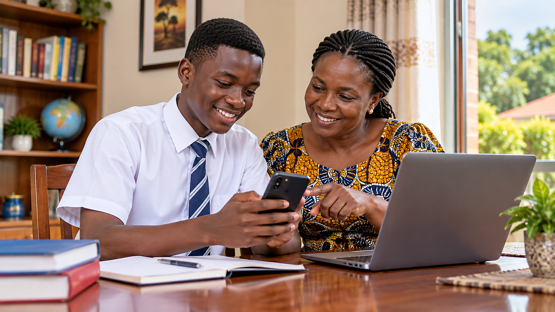 African parent and student using digital school services